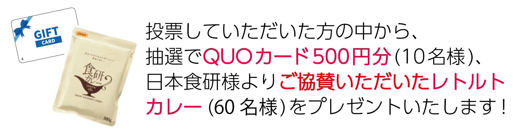 投票していただいた方の中から、抽選でQUOカード500円分(10名様)、日本食研様よりいただいたレトルトカレー(60名様)をプレゼントいたします！