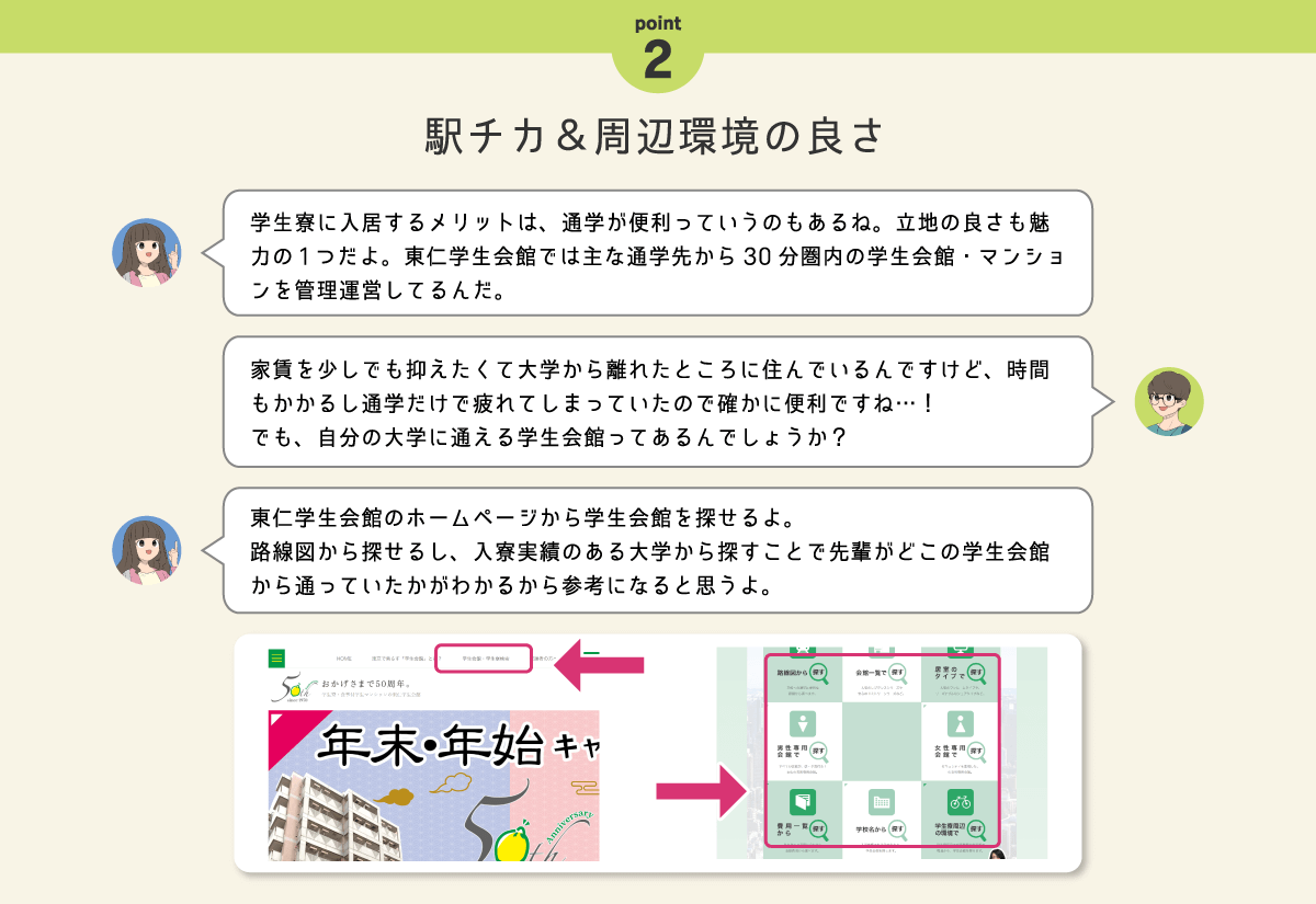 Point.1　栄養バランスの考えられた美味しい食事、Point.2 駅チカ＆周辺環境の良さ