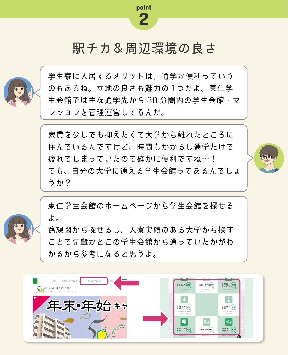 Point.1　栄養バランスの考えられた美味しい食事、Point.2 駅チカ＆周辺環境の良さ