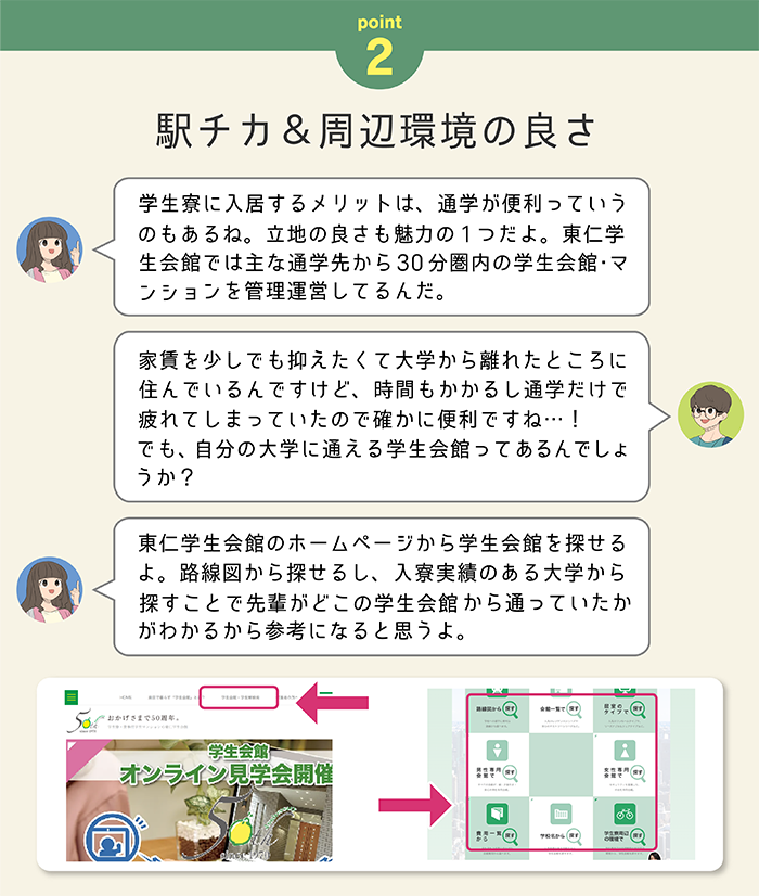 Point.1　栄養バランスの考えられた美味しい食事、Point.2 駅チカ＆周辺環境の良さ